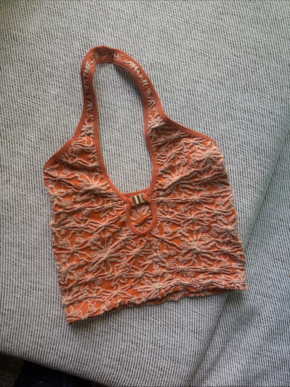 Orange floral patterned Halter Tank Top with gold buckle